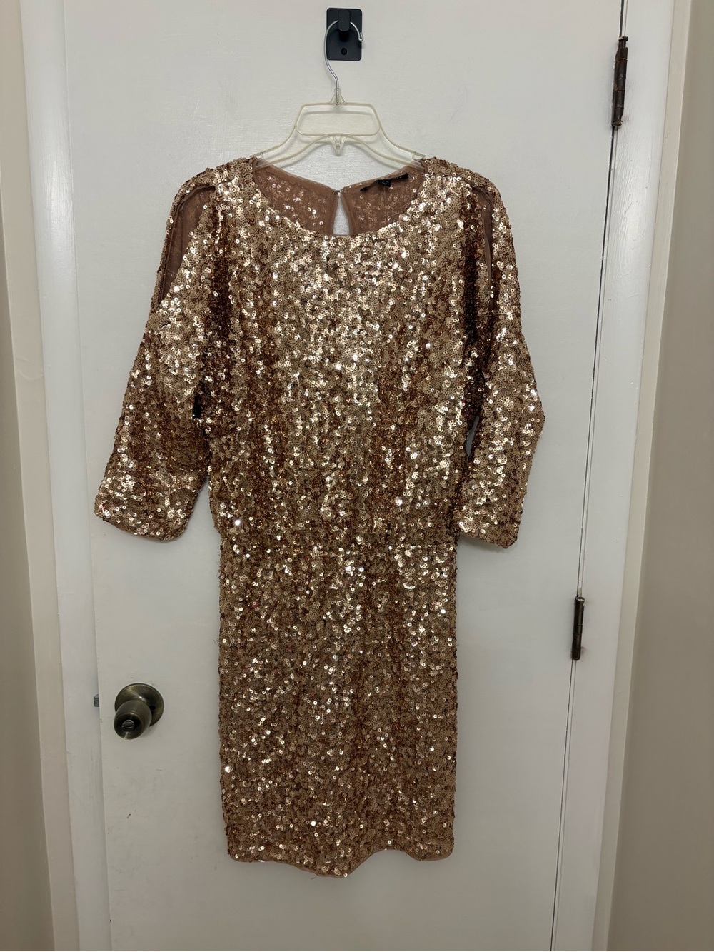 Boston Proper Sequin Blouson Dress Rose Gold 3/4 Sleeve Women’s Size 10